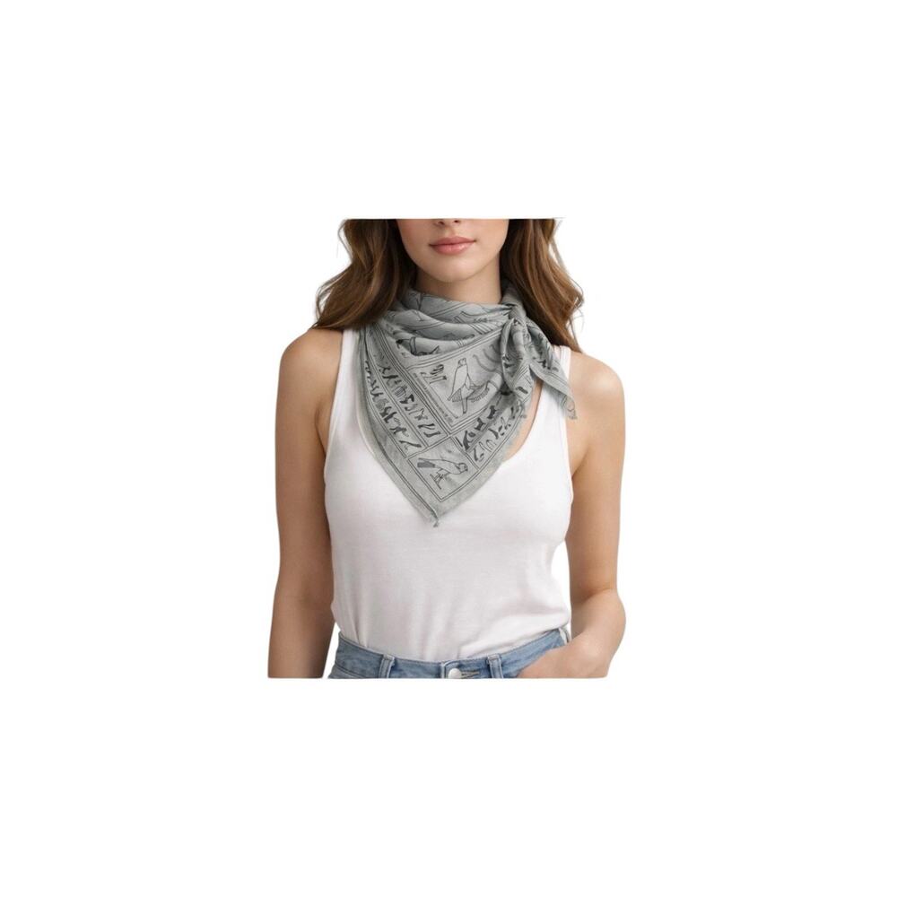 Metropolitan Museum of Art Egyptian Hieroglyph Silk Scarf 21x21 Gray Vintage - Picture 1 of 6